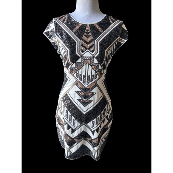 EXPRESS Allover Geo Sequin Stretch Lined Bodycon Dress, Art Deco Great Gatsby S - Picture 1 of 14